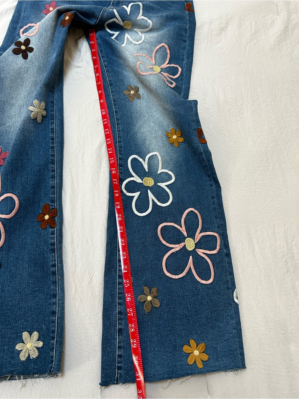 Blue Floral Embroidered Flare Jeans - Women's Wide Leg - Picture 7 of 8
